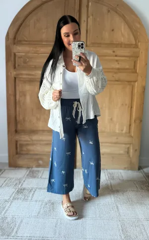 Umgee Full Size Lace Drawstring Embroidered Bow Wide Leg Pants Plus Size Available