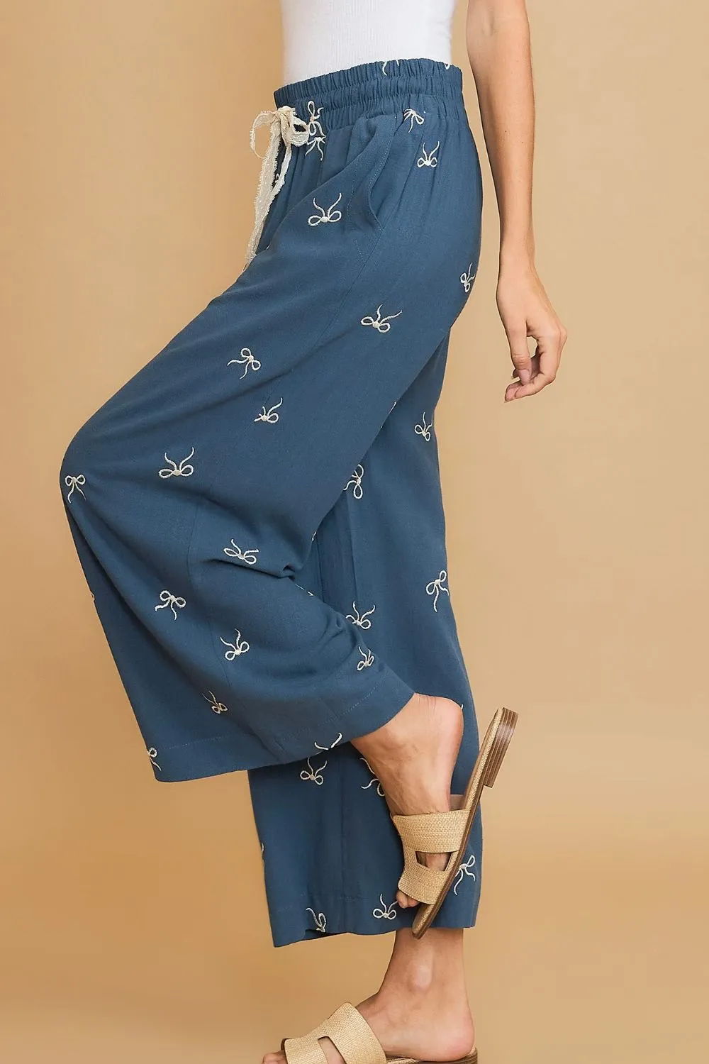 Umgee Full Size Lace Drawstring Embroidered Bow Wide Leg Pants Plus Size Available