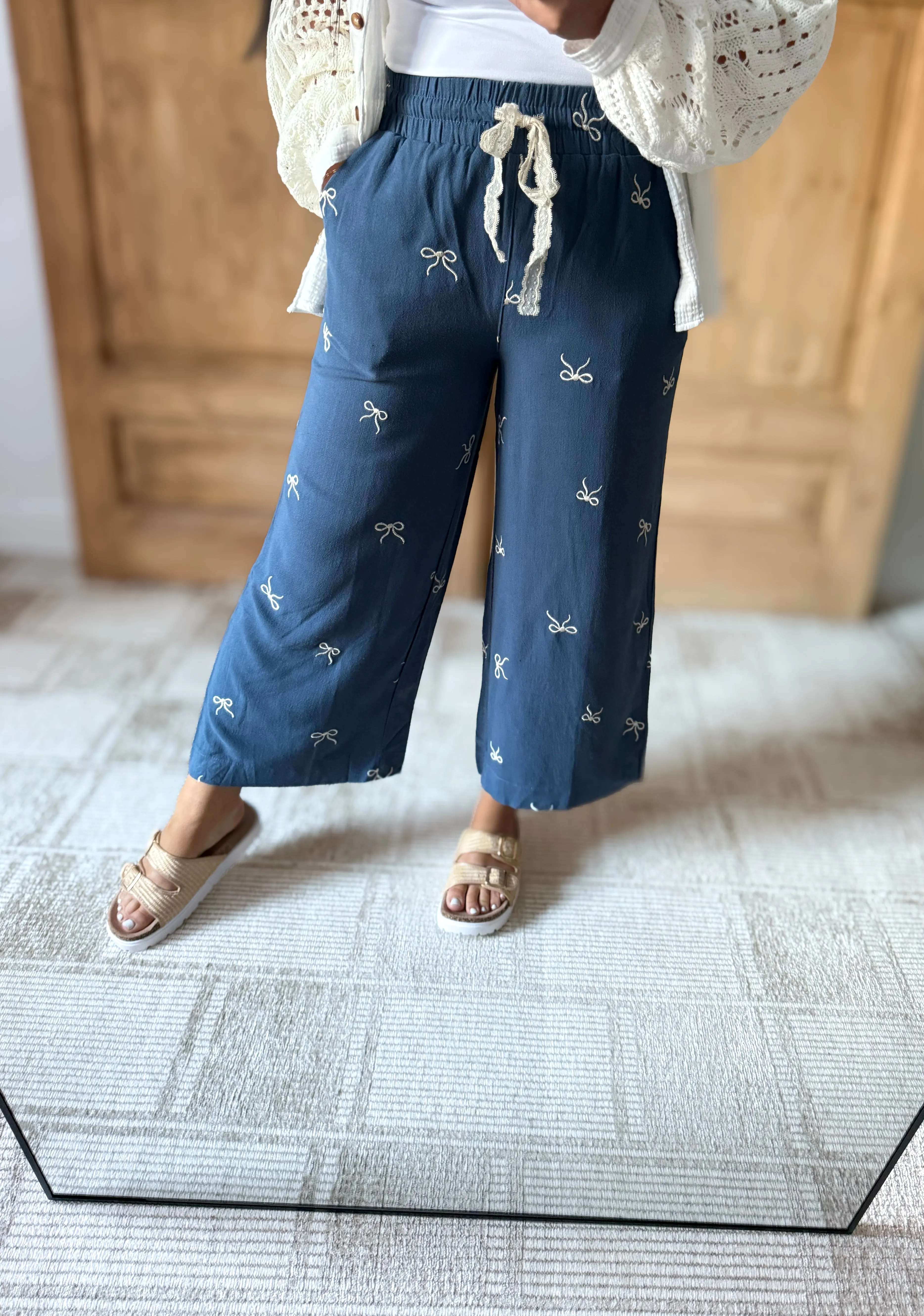 Umgee Full Size Lace Drawstring Embroidered Bow Wide Leg Pants Plus Size Available