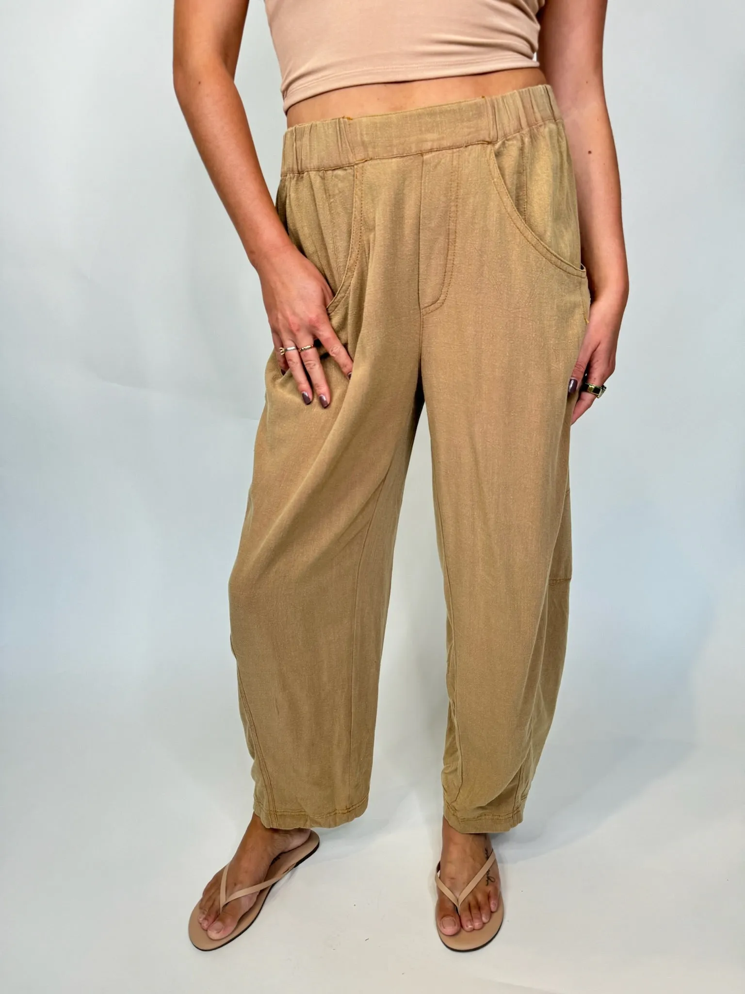 Umgee Linen Cotton Baggy Fit Pants Latte