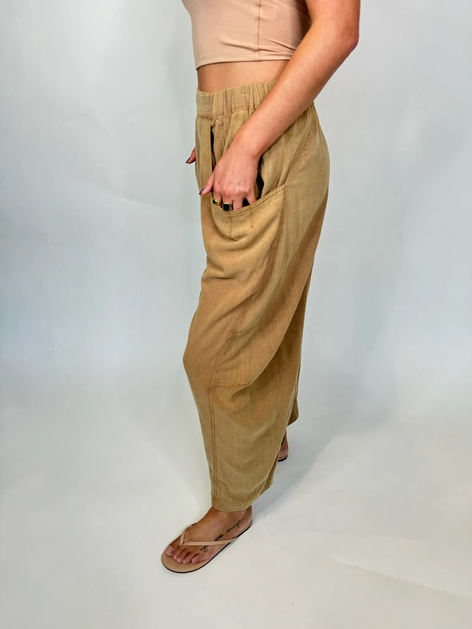 Umgee Linen Cotton Baggy Fit Pants Latte