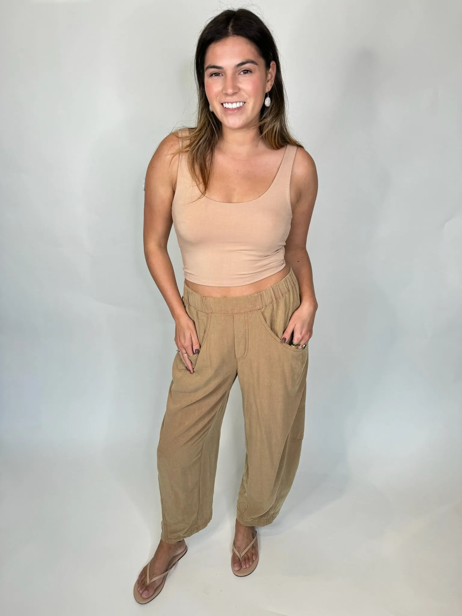 Umgee Linen Cotton Baggy Fit Pants Latte