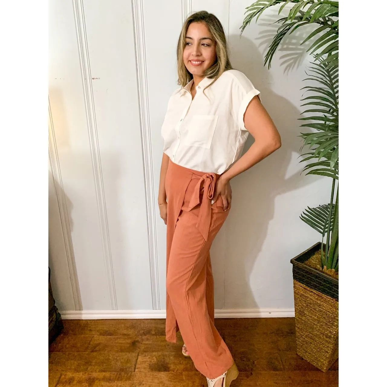 Uniquely Simple Front Tie Pants - Rust