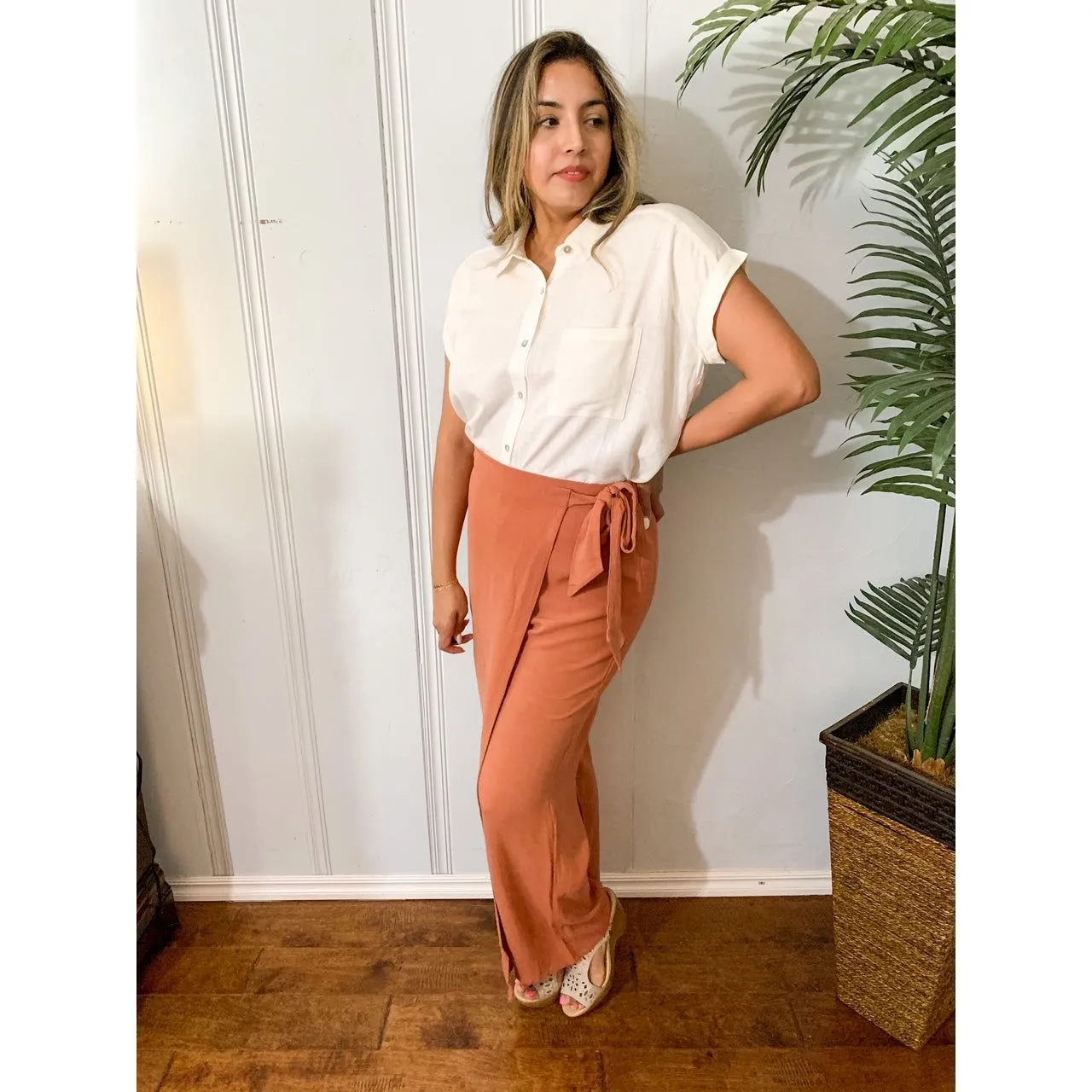 Uniquely Simple Front Tie Pants - Rust