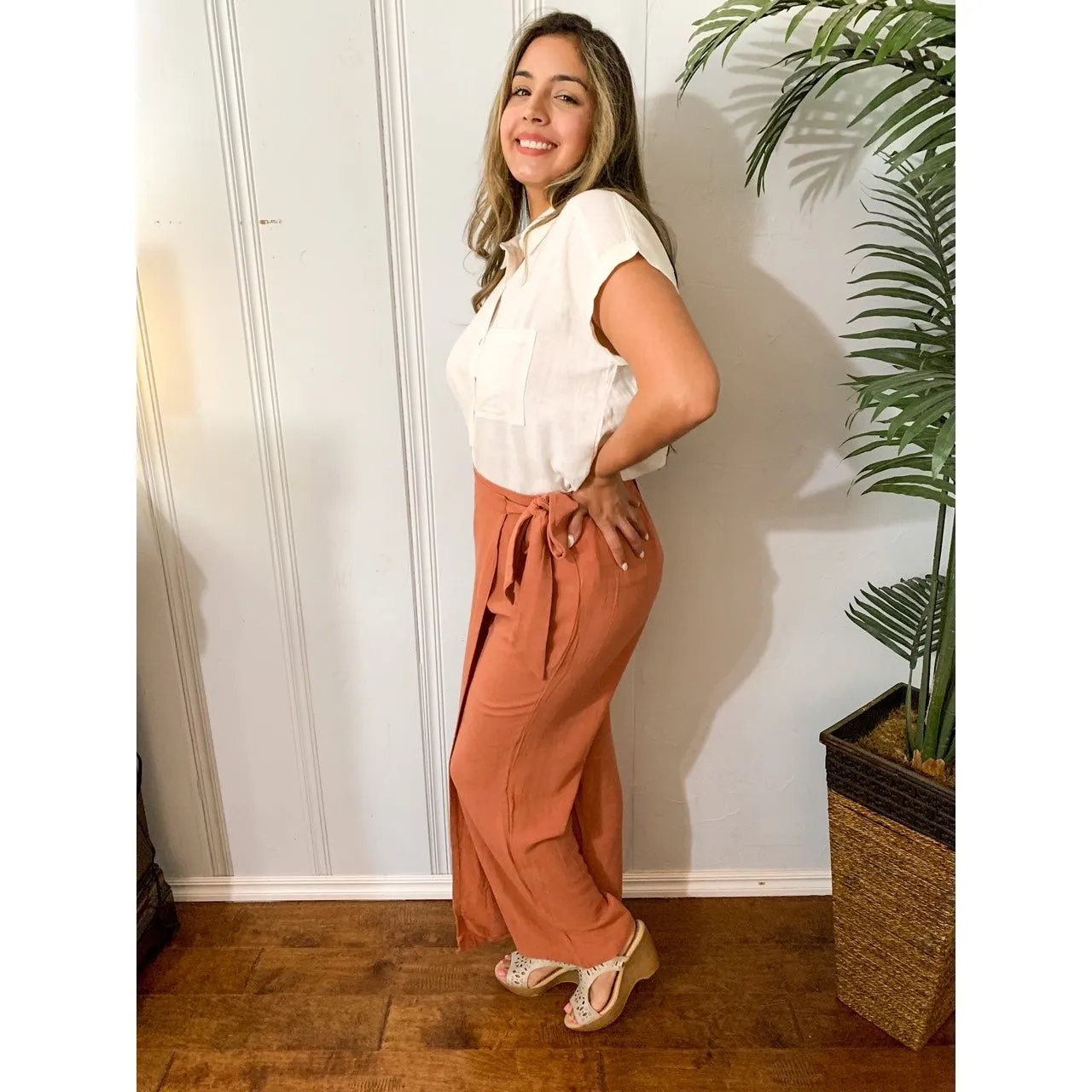 Uniquely Simple Front Tie Pants - Rust