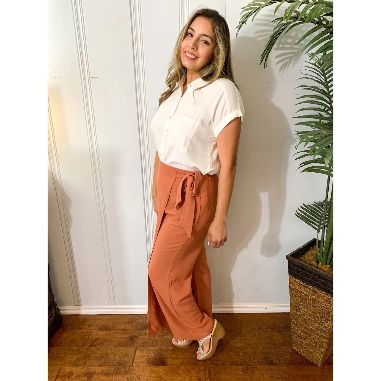 Uniquely Simple Front Tie Pants - Rust