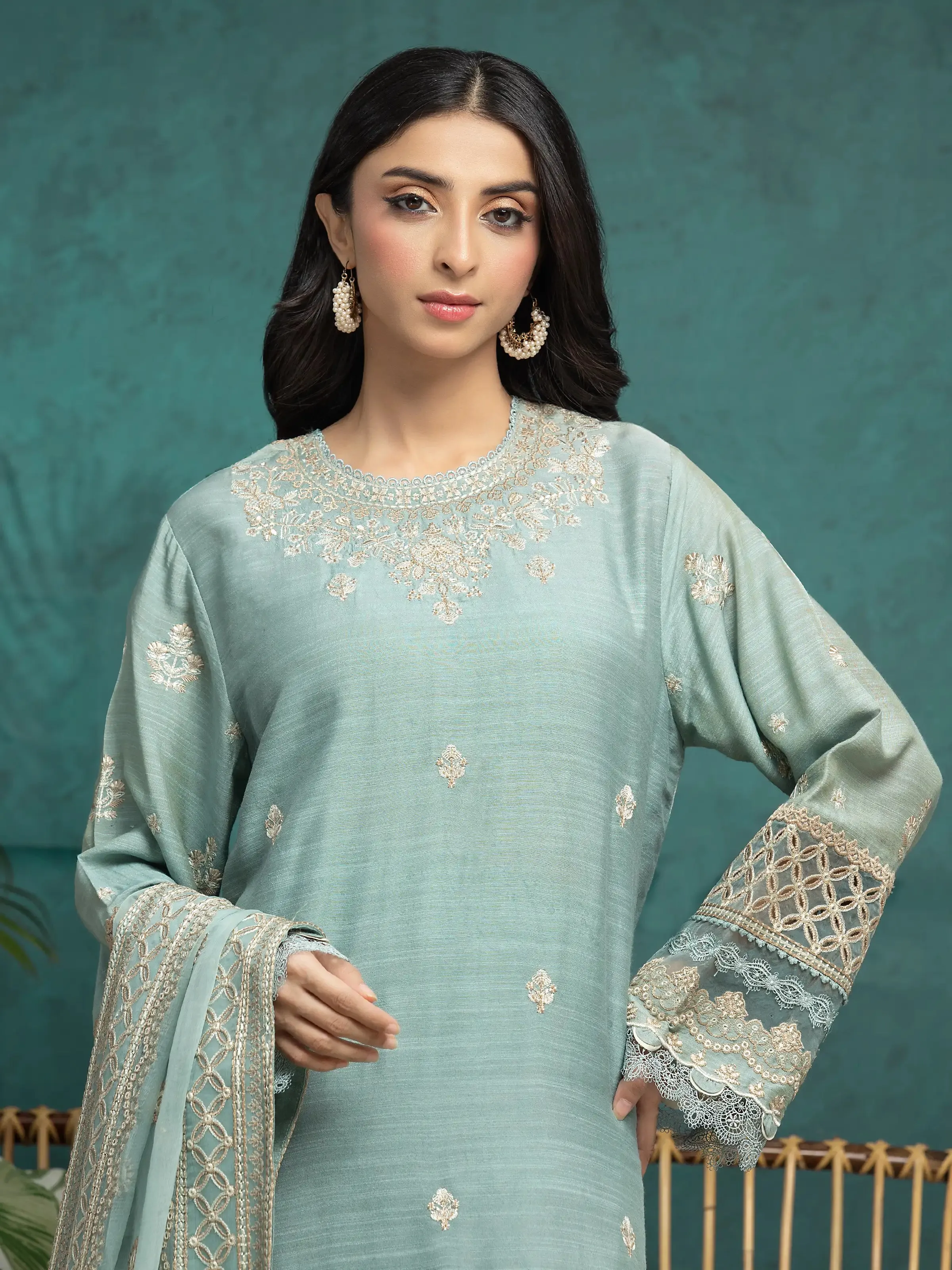 Unstitched Mist Green Embroidered Raw Silk 3 Piece - EWU24V16-30282-3P