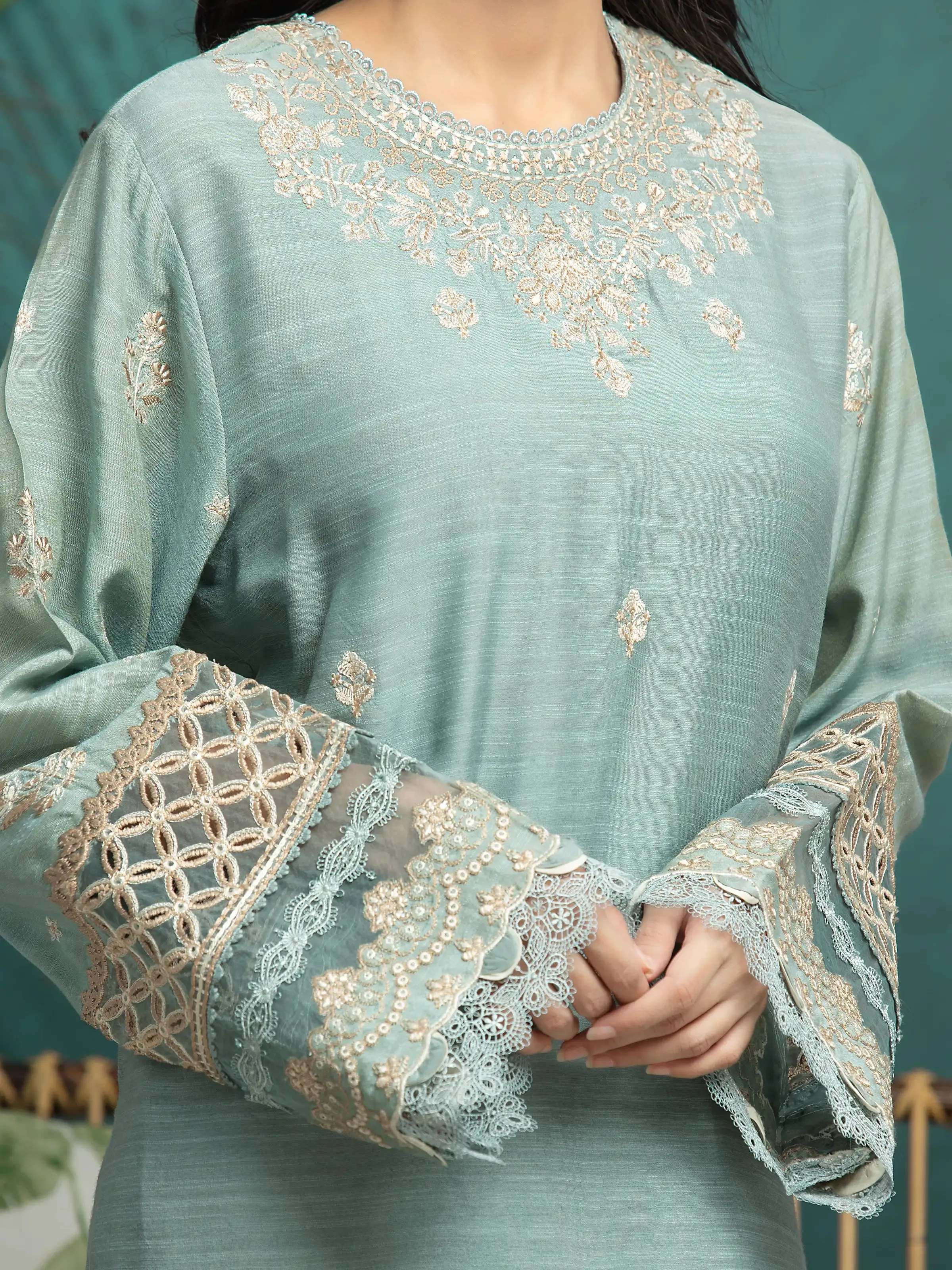 Unstitched Mist Green Embroidered Raw Silk 3 Piece - EWU24V16-30282-3P