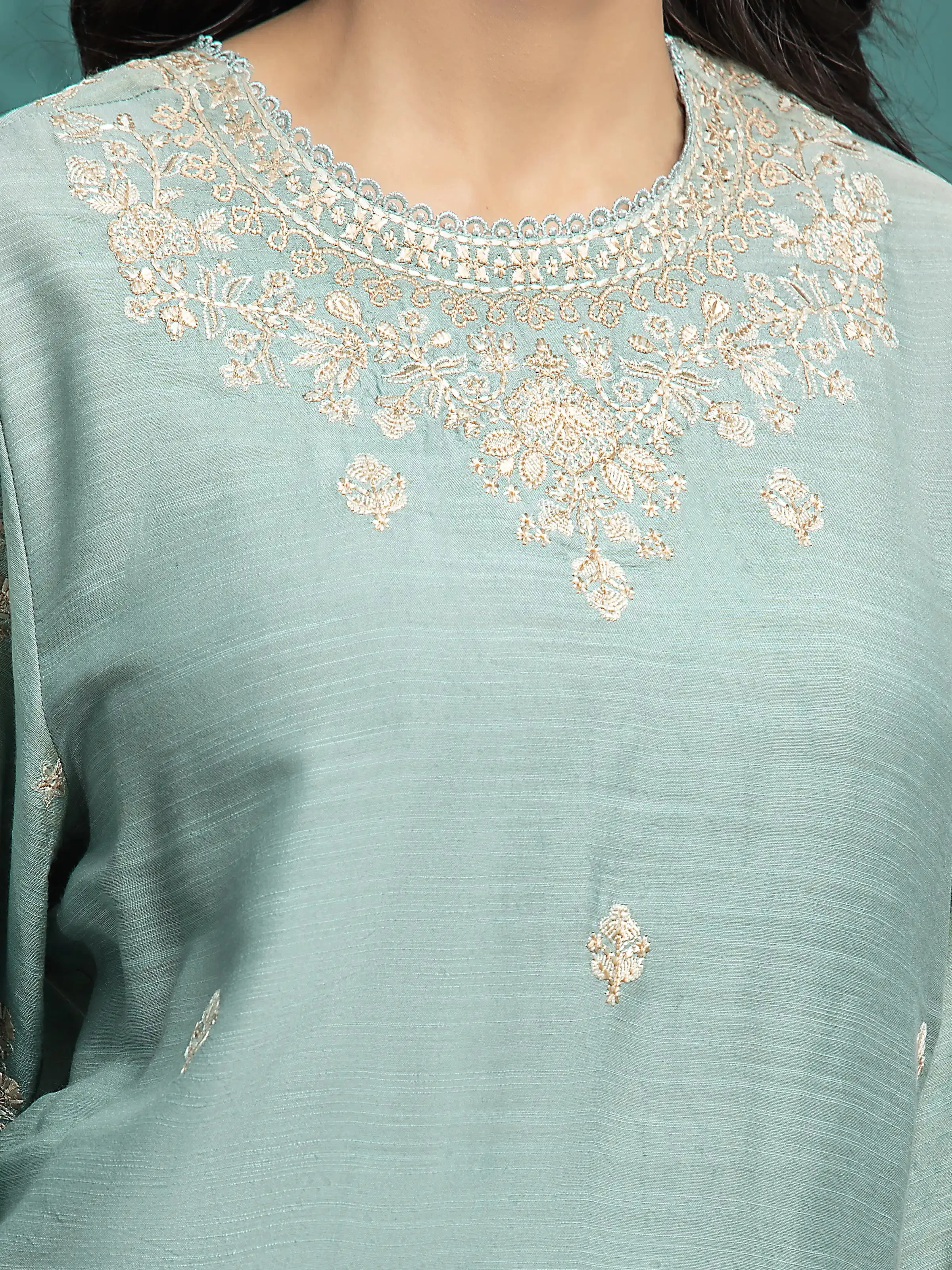 Unstitched Mist Green Embroidered Raw Silk 3 Piece - EWU24V16-30282-3P
