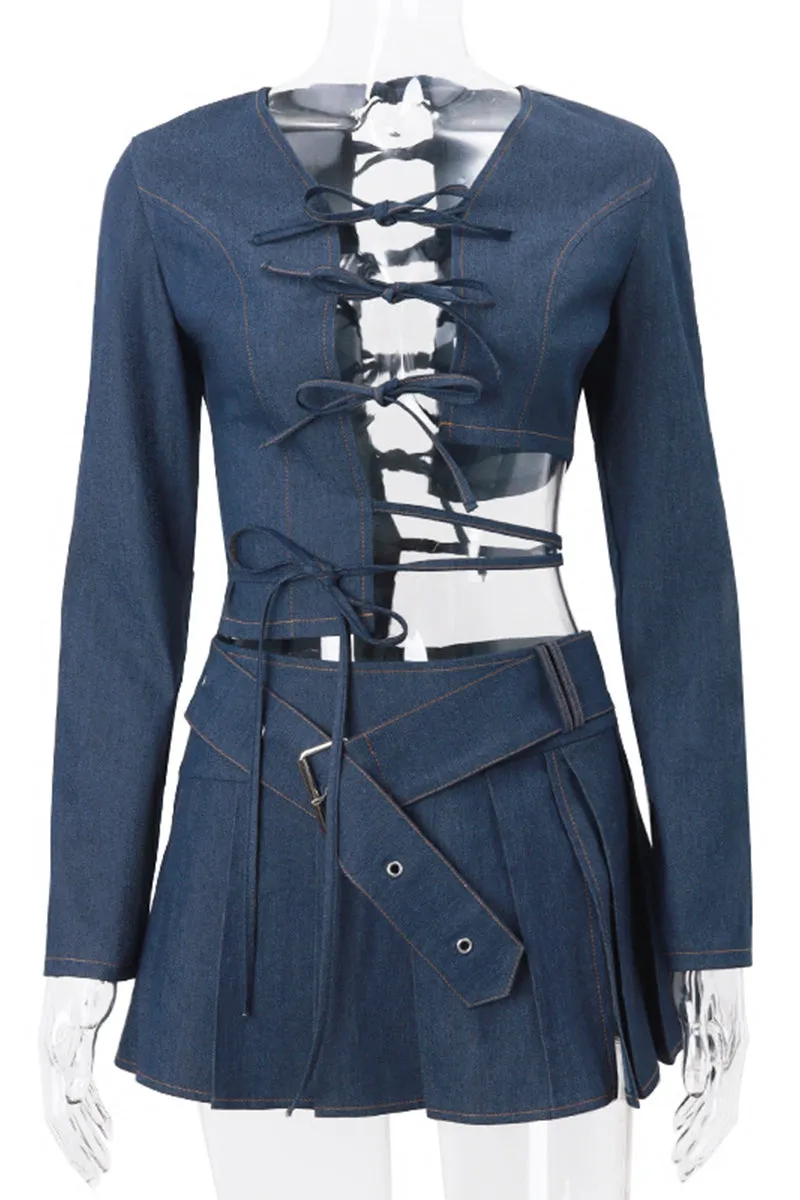 US3496 Denim Shirt and Skirt Set