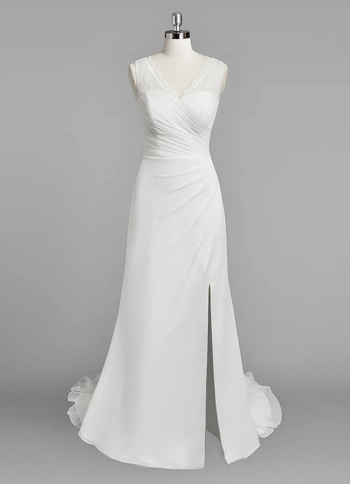 V-Neck Sleeveless Sheath Chiffon Wedding Dress With Ruching and Split Side