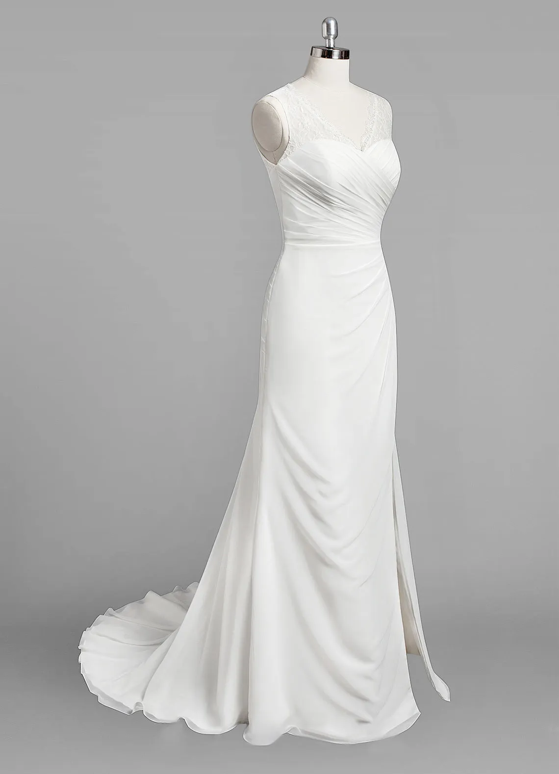 V-Neck Sleeveless Sheath Chiffon Wedding Dress With Ruching and Split Side