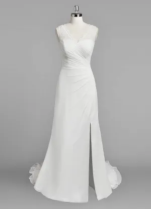 V-Neck Sleeveless Sheath Chiffon Wedding Dress With Ruching and Split Side
