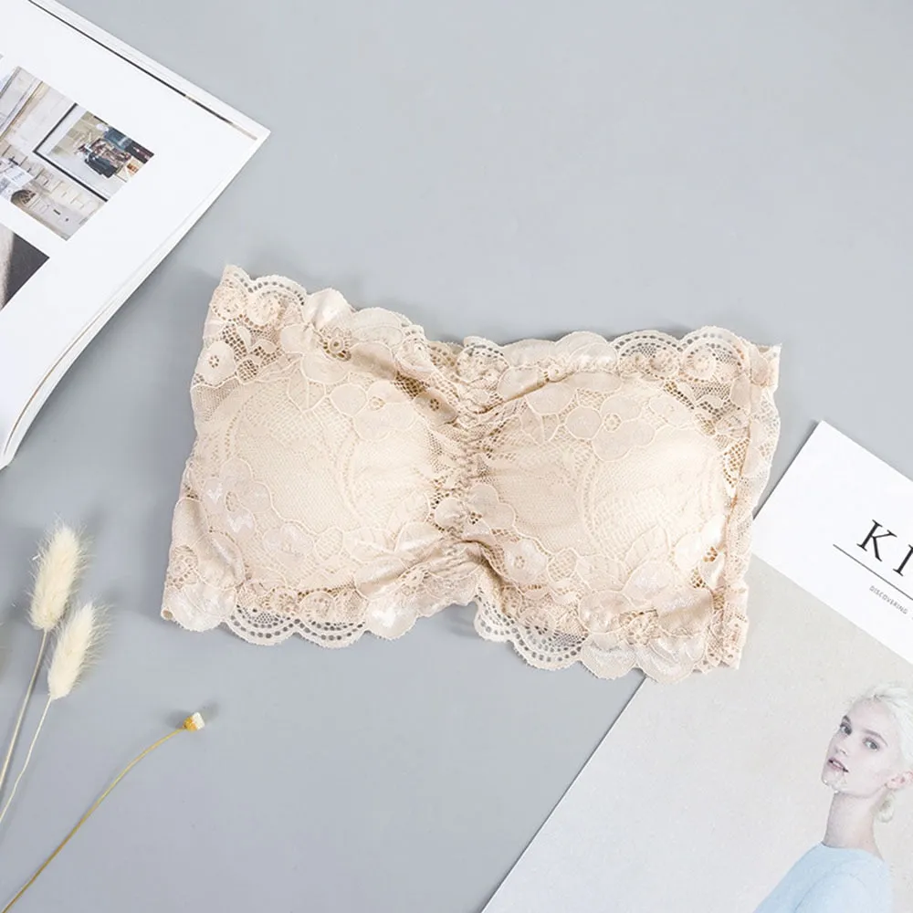 Valentine's day Sexy Summer Women  Elastic Strapless Bra Lace Tube Top Bandeau Crop Tank Seamless Padded Underwear Wholesale