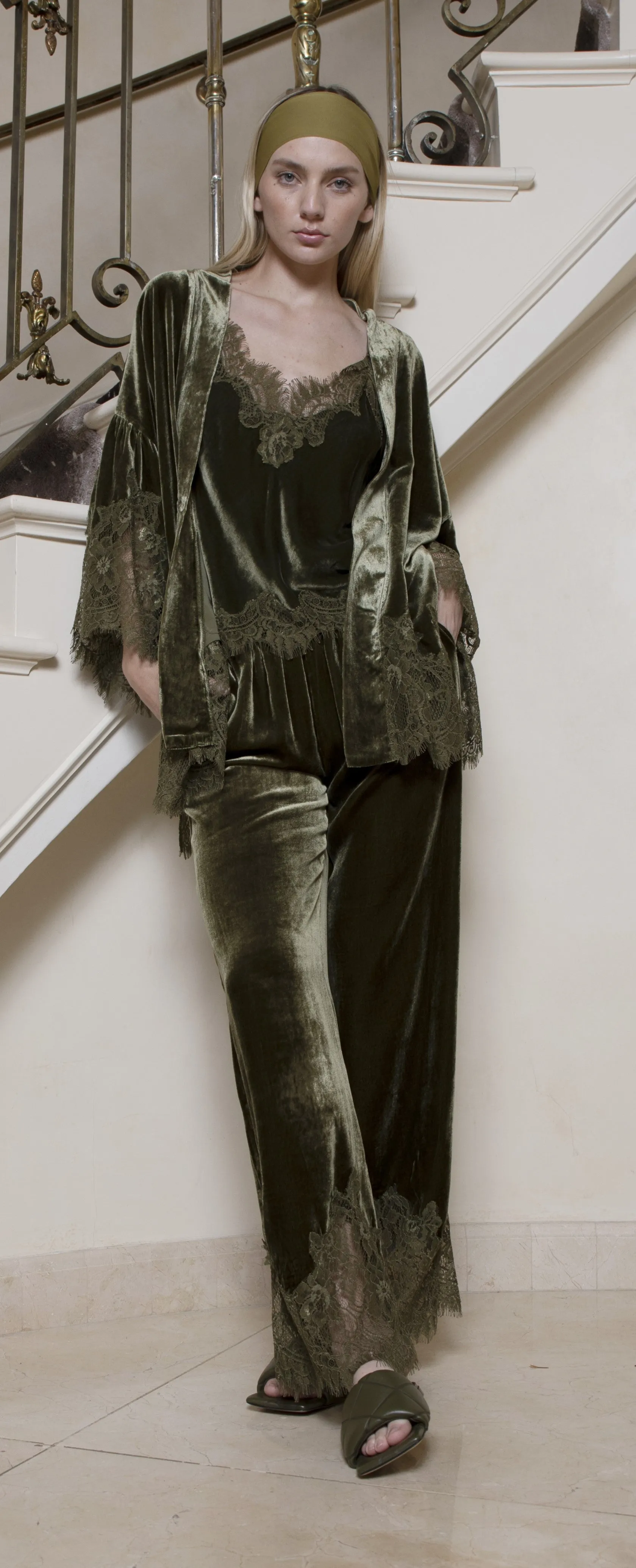Velvet Cropped Lace Cami Dark Olive
