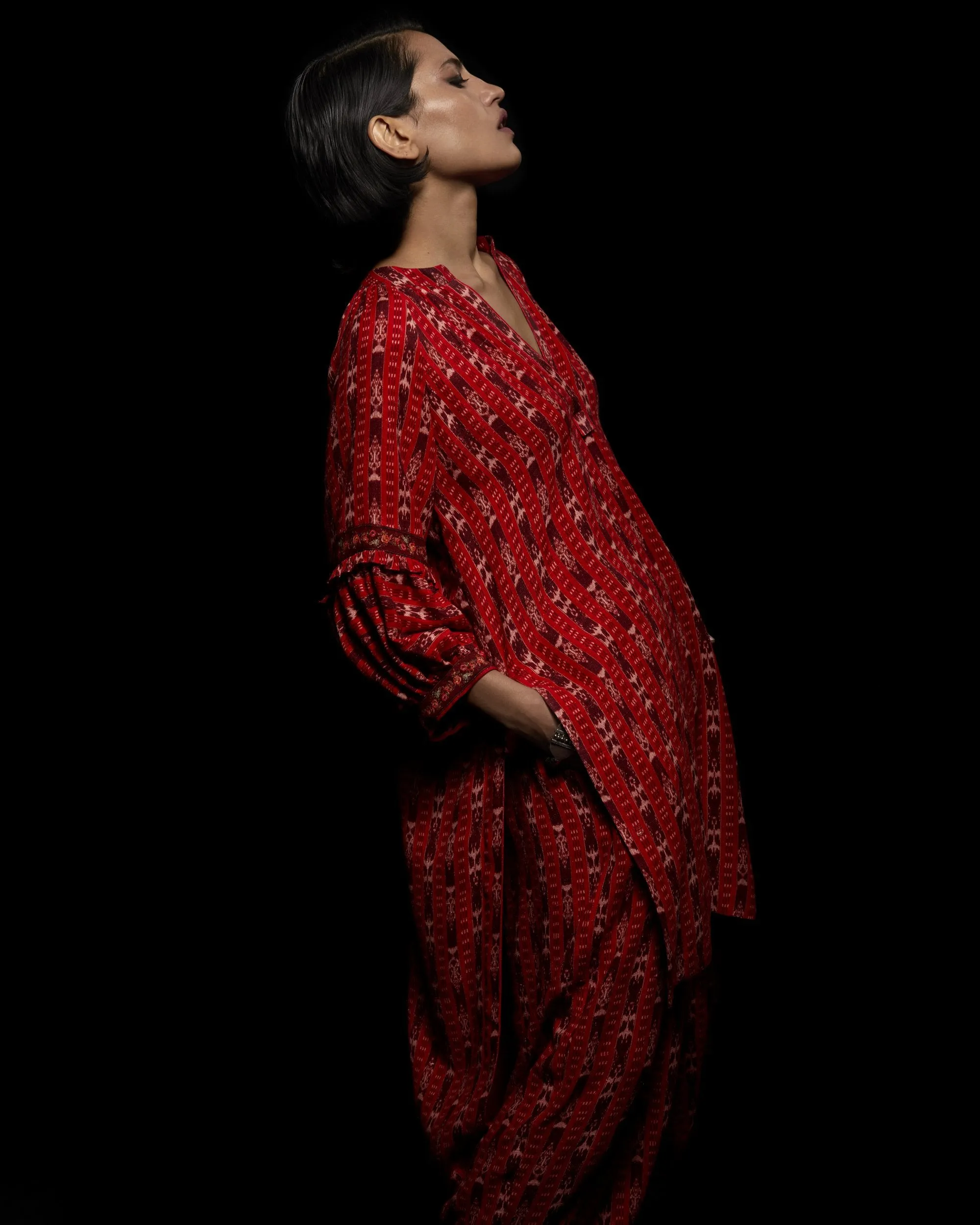 Viam   I   Red Ikat Hand Printed Pants