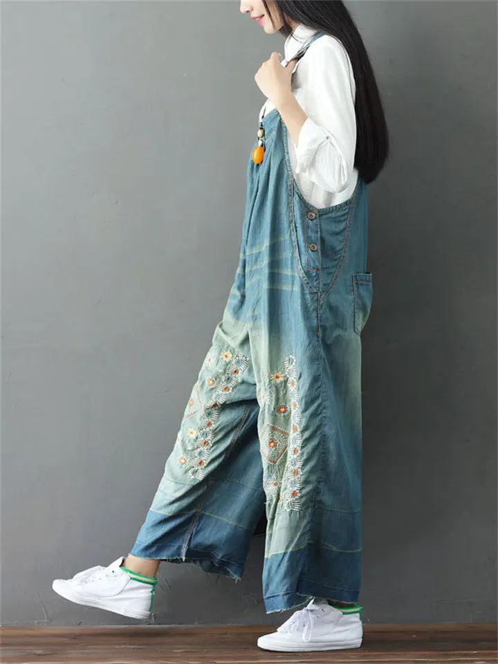 Vintage Embroidered Wide Leg Denim Jumpsuit