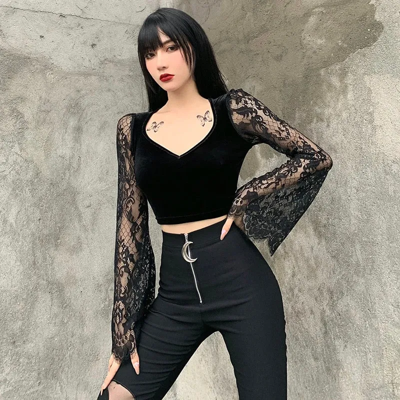 Vintage Gothic Velvet Semi-Cropped Top