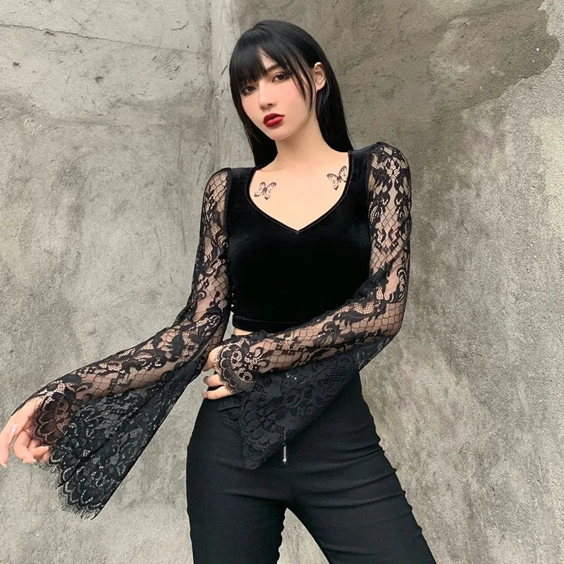 Vintage Gothic Velvet Semi-Cropped Top