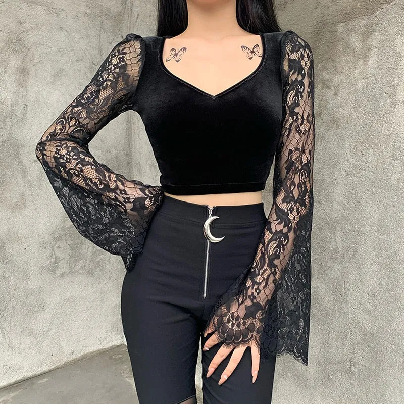 Vintage Gothic Velvet Semi-Cropped Top