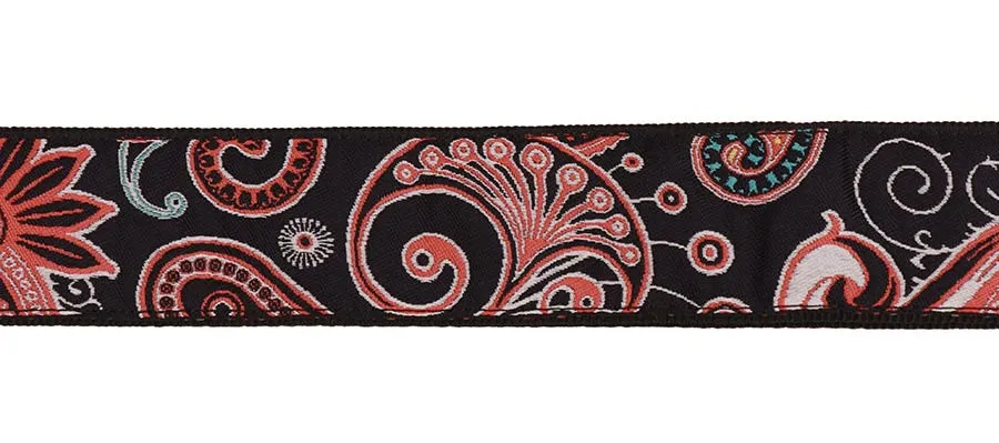 Vintage Jacquard Weave Premium Guitar Strap Cotton/Leather - Black/Orange/Turquoise