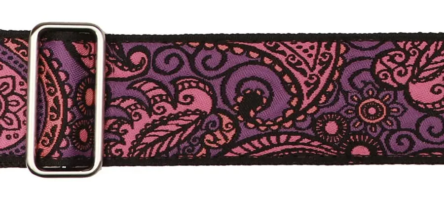 Vintage Jacquard Weave Premium Guitar Strap Cotton/Leather - Black/Purple/Pink