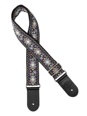 Vintage Jacquard Weave Premium Guitar Strap Cotton/Leather - Blue/Yellow