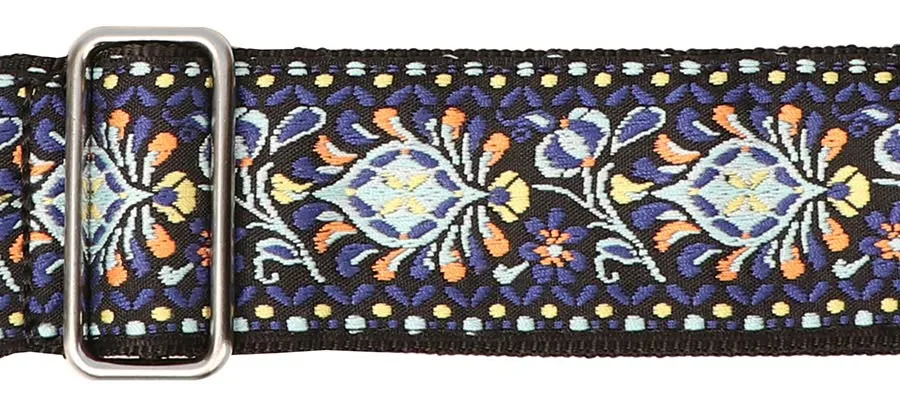 Vintage Jacquard Weave Premium Guitar Strap Cotton/Leather - Blue/Yellow