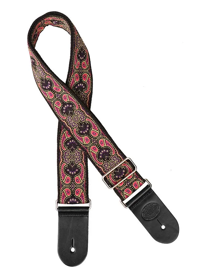 Vintage Jacquard Weave Premium Guitar Strap Cotton/Leather - Pink & Purple