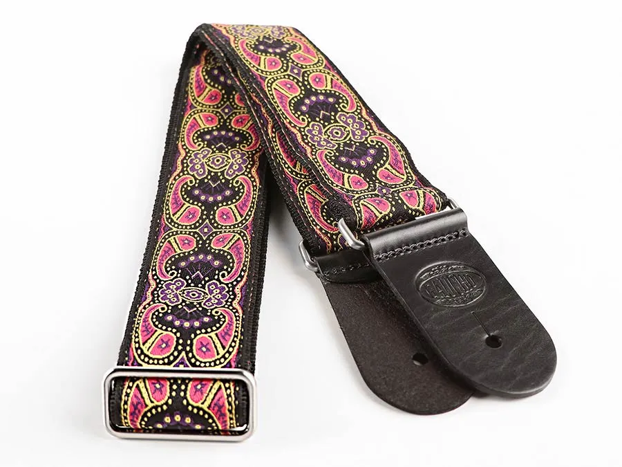 Vintage Jacquard Weave Premium Guitar Strap Cotton/Leather - Pink & Purple