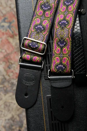 Vintage Jacquard Weave Premium Guitar Strap Cotton/Leather - Pink & Purple