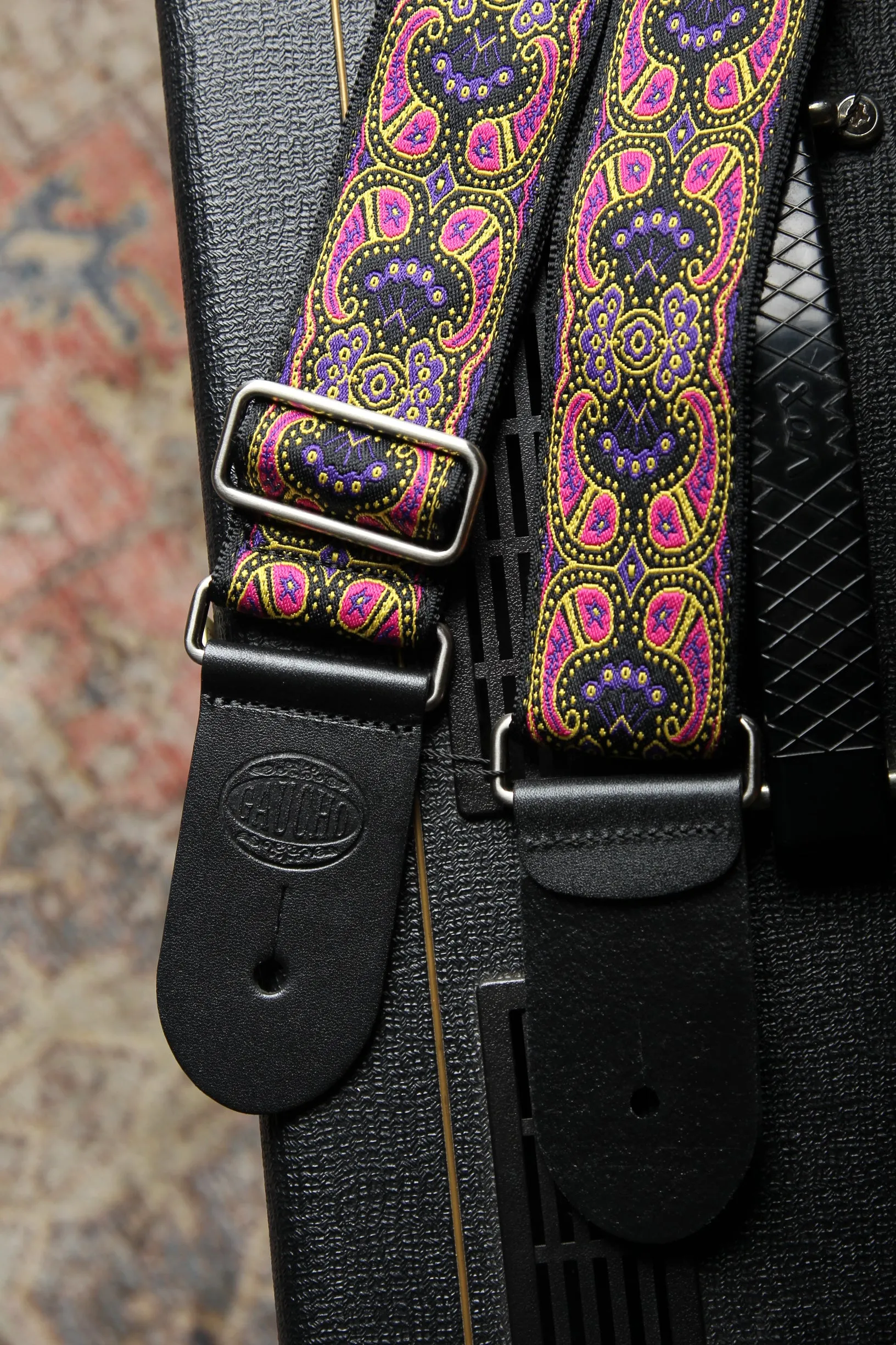 Vintage Jacquard Weave Premium Guitar Strap Cotton/Leather - Pink & Purple
