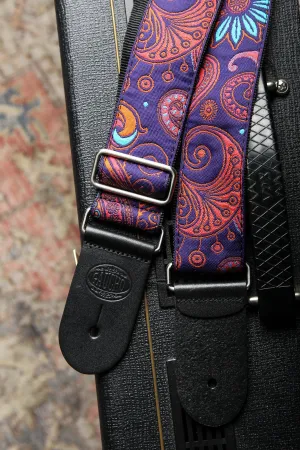 Vintage Jacquard Weave Premium Guitar Strap Cotton/Leather - Purple/Orange/Blue