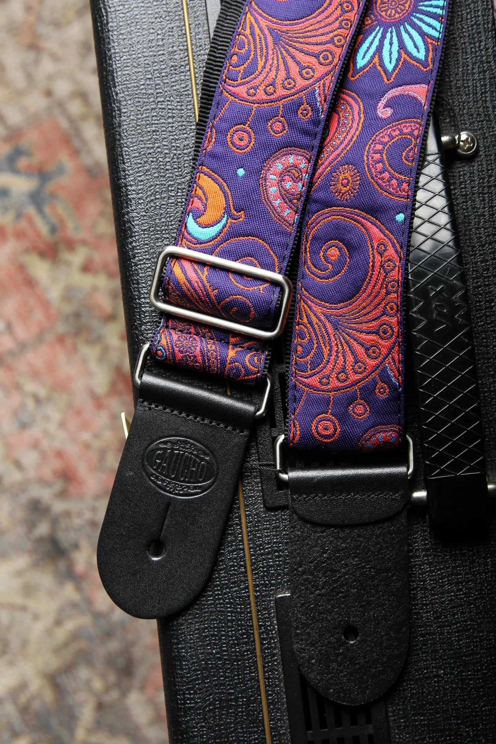 Vintage Jacquard Weave Premium Guitar Strap Cotton/Leather - Purple/Orange/Blue