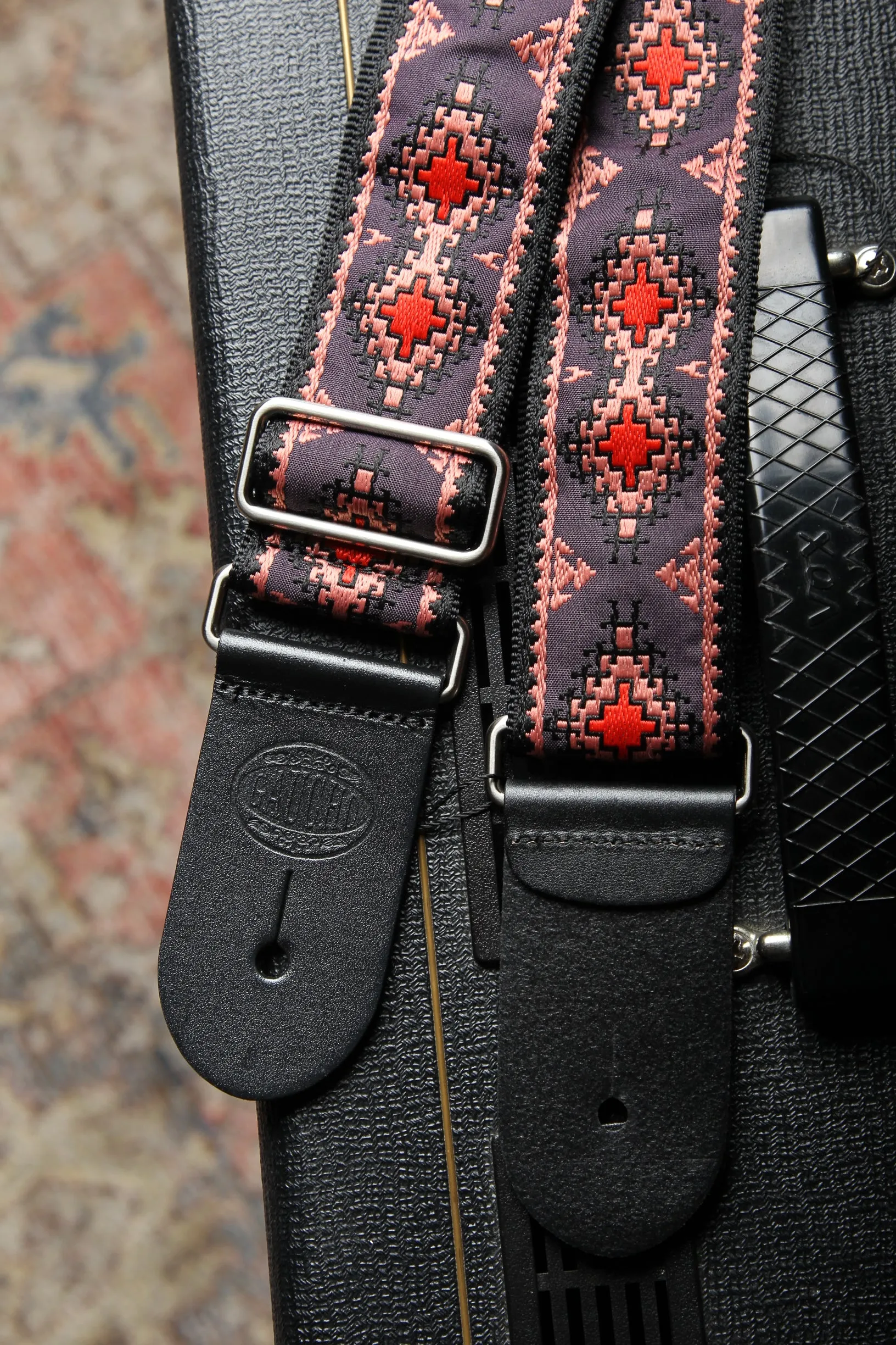 Vintage Jacquard Weave Premium Guitar Strap Cotton/Leather - Red/Purple/Pink