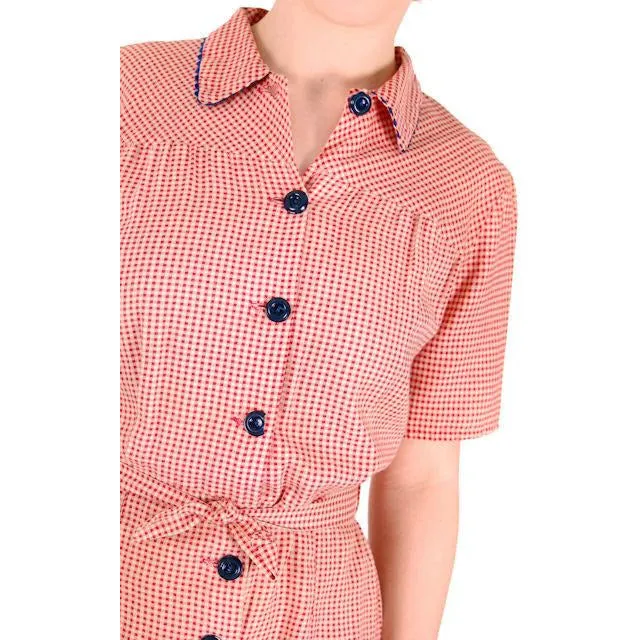 Vintage Ladies Red Cotton Gingham Playsuit 1940s 40-30-40 Pin Up WW2