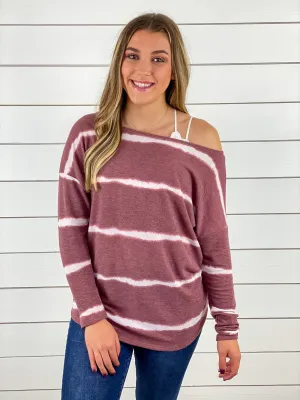 Vintage Striped Off the Shoulder Top - Burgundy
