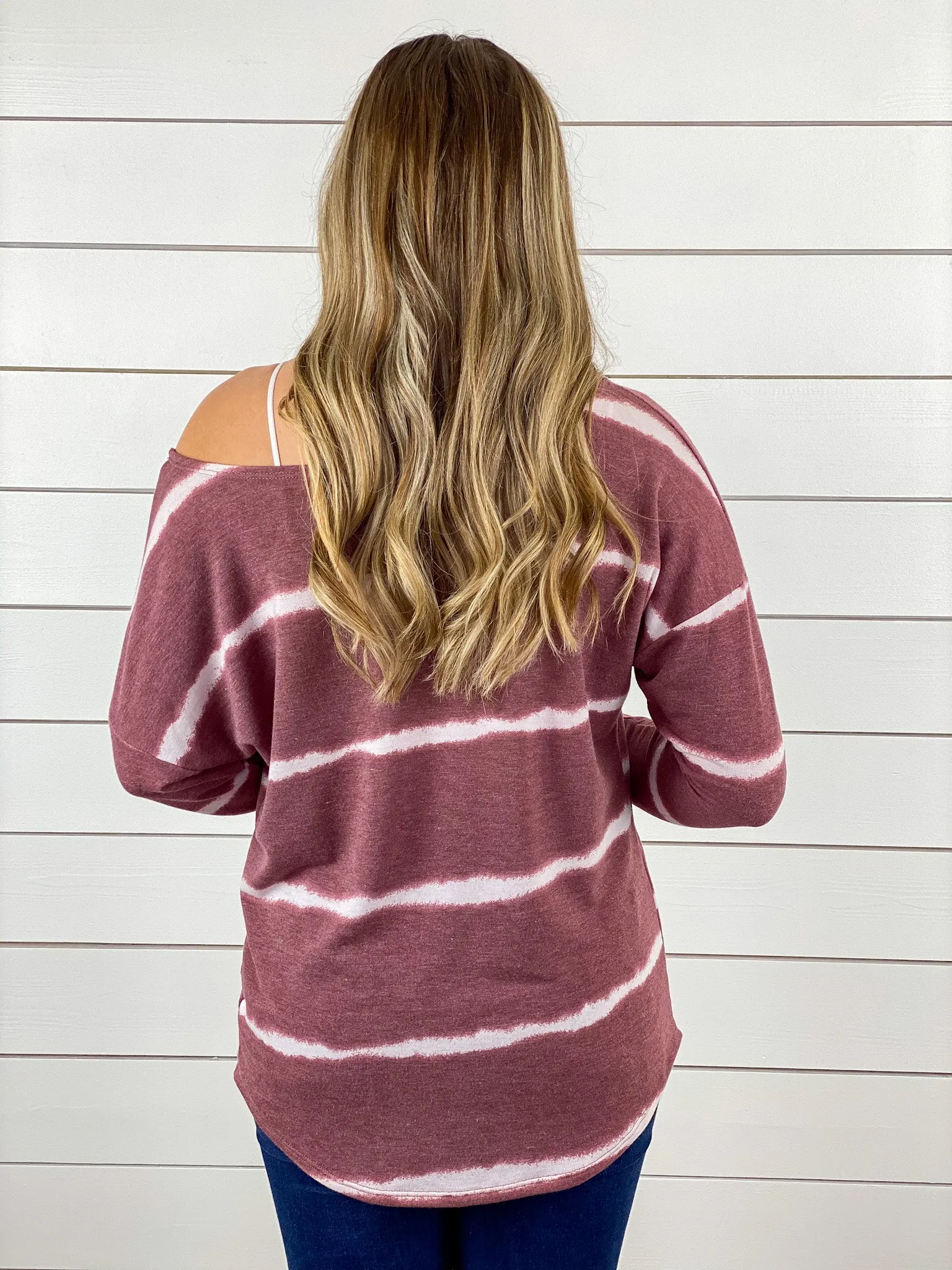 Vintage Striped Off the Shoulder Top - Burgundy