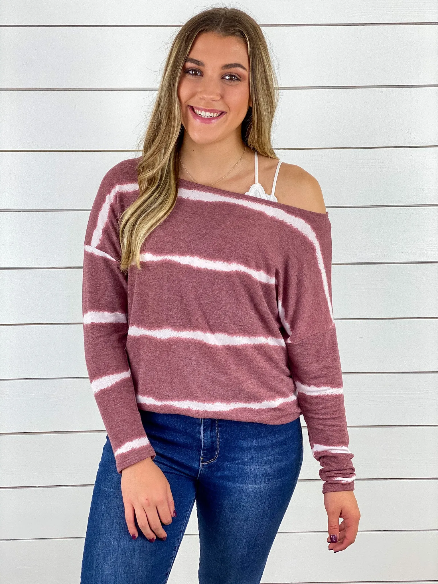Vintage Striped Off the Shoulder Top - Burgundy