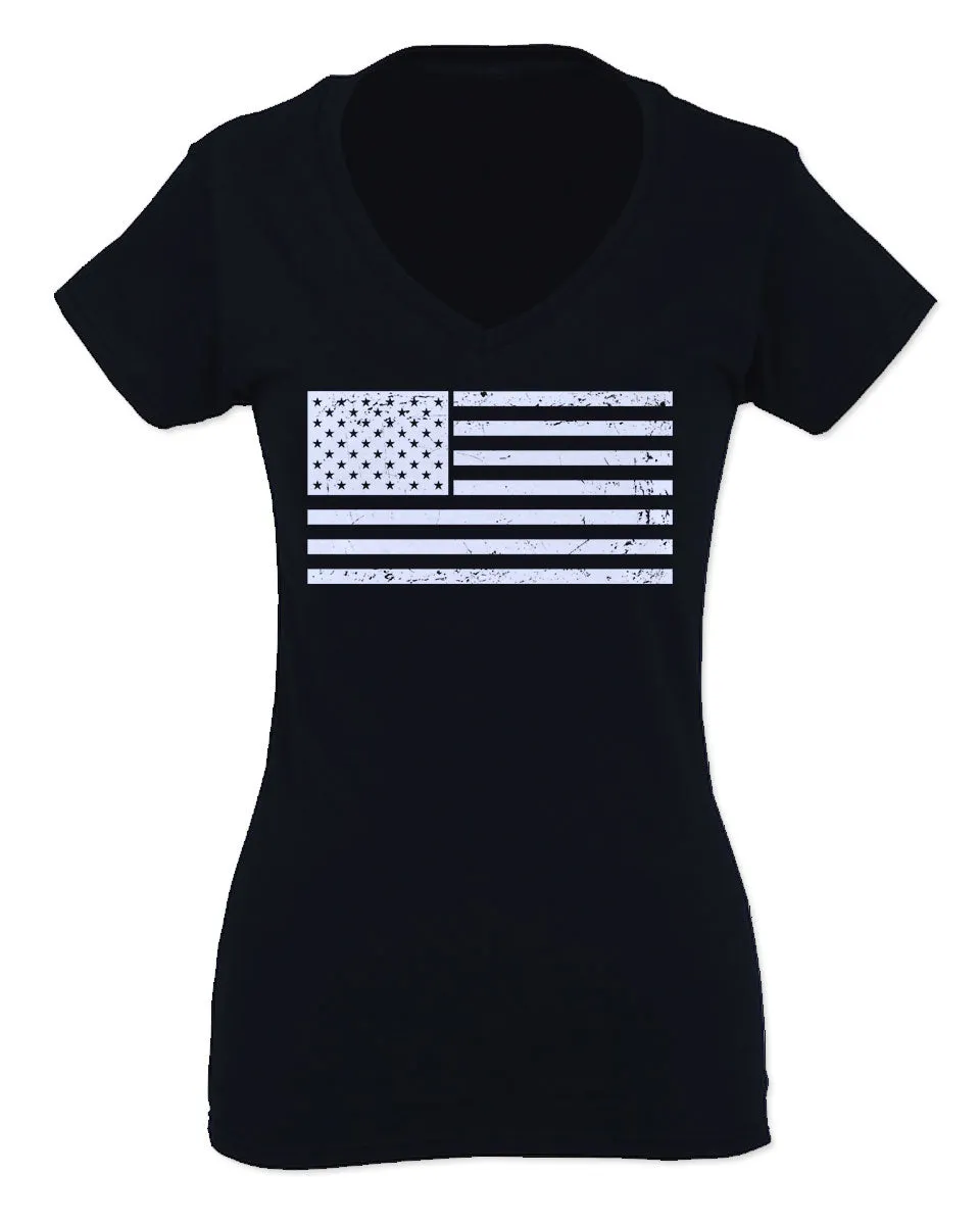 Vintage USA United States of America American Proud Flag For Women V neck fitted T Shirt