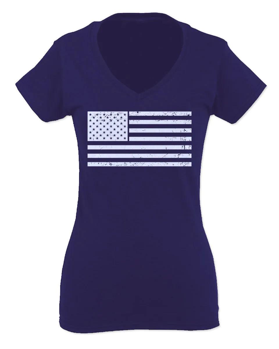 Vintage USA United States of America American Proud Flag For Women V neck fitted T Shirt