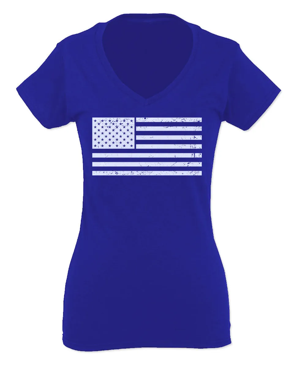 Vintage USA United States of America American Proud Flag For Women V neck fitted T Shirt