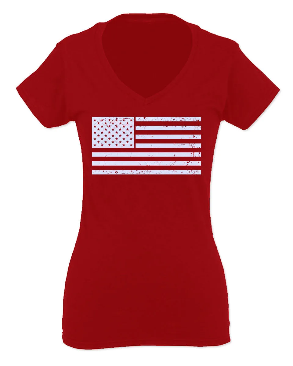 Vintage USA United States of America American Proud Flag For Women V neck fitted T Shirt