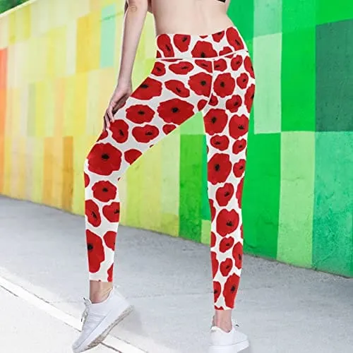 visesunny High Waist Yoga Pants with Pockets Poppy Seamless Pattern Buttery Soft Tummy Control Running Workout Pants 4 Way Stretch Pocket Leggings
