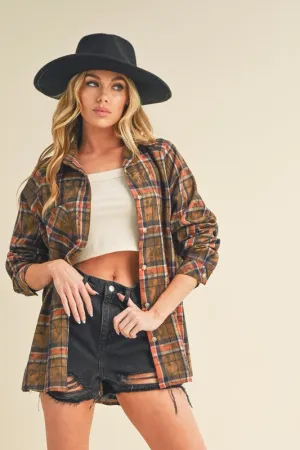 Washed Plaid Flannel Side Step Hem Shirt