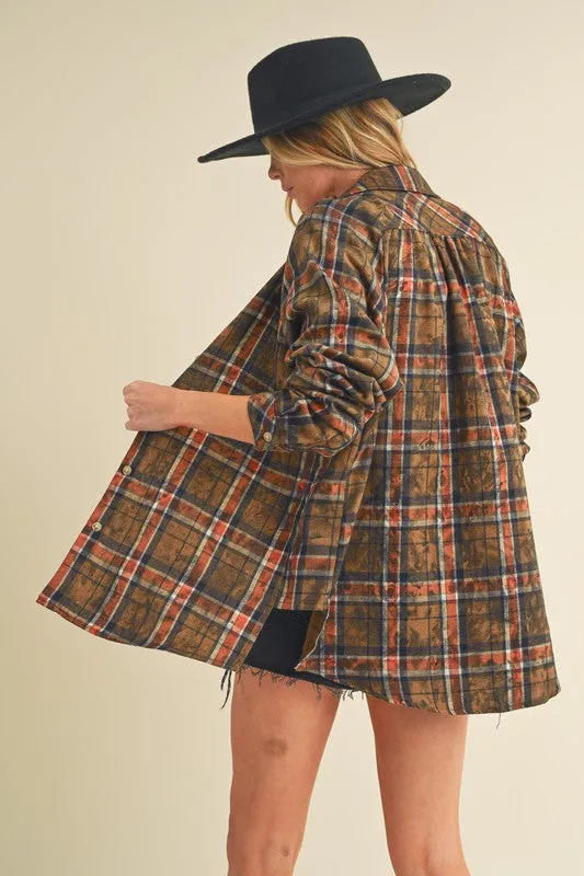 Washed Plaid Flannel Side Step Hem Shirt