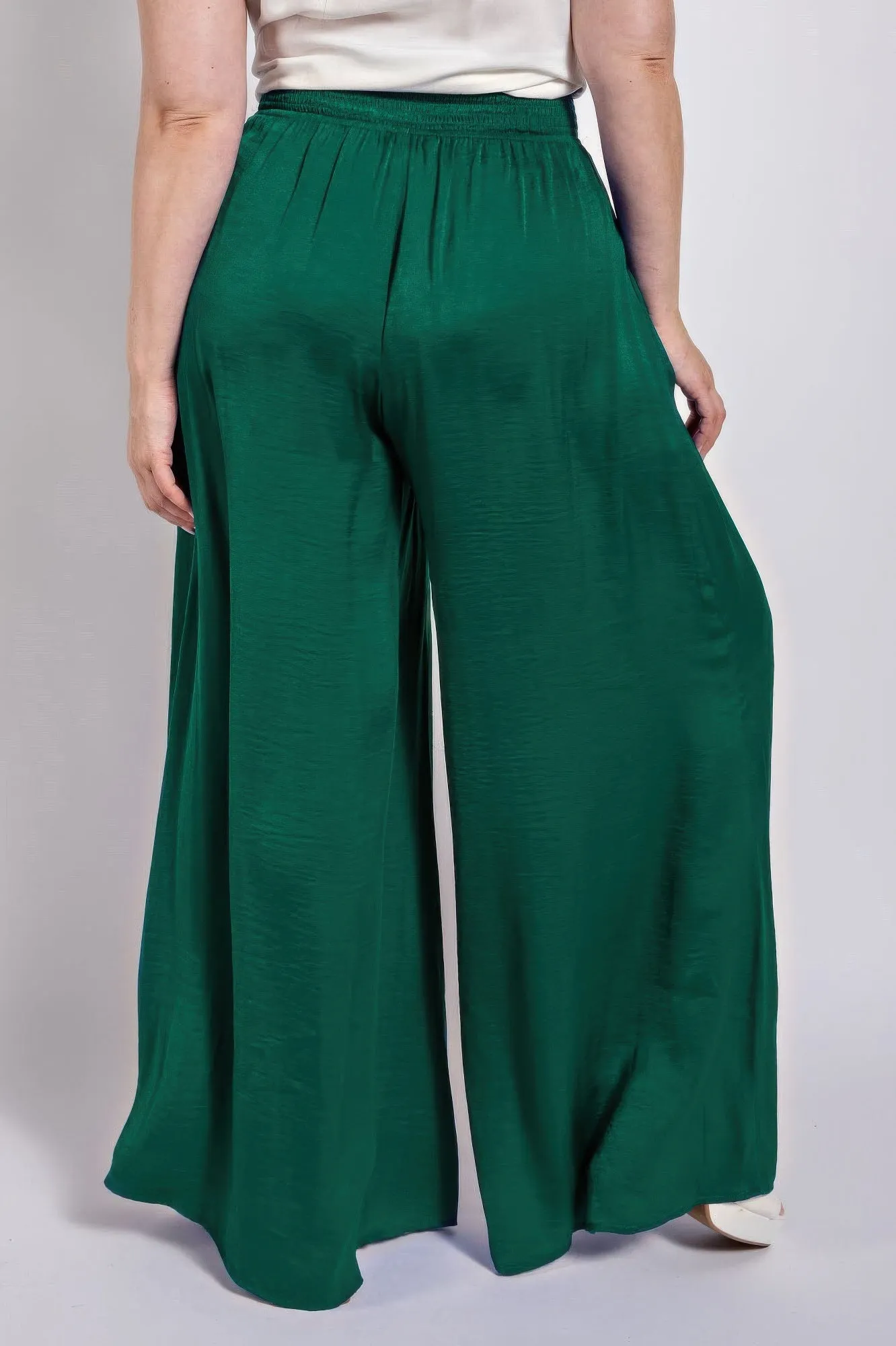 Washed Satin Wide Pants With Waist Smocked
