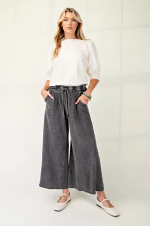 Washed Terry Knit Wide Leg Pants - Black (S-3X)