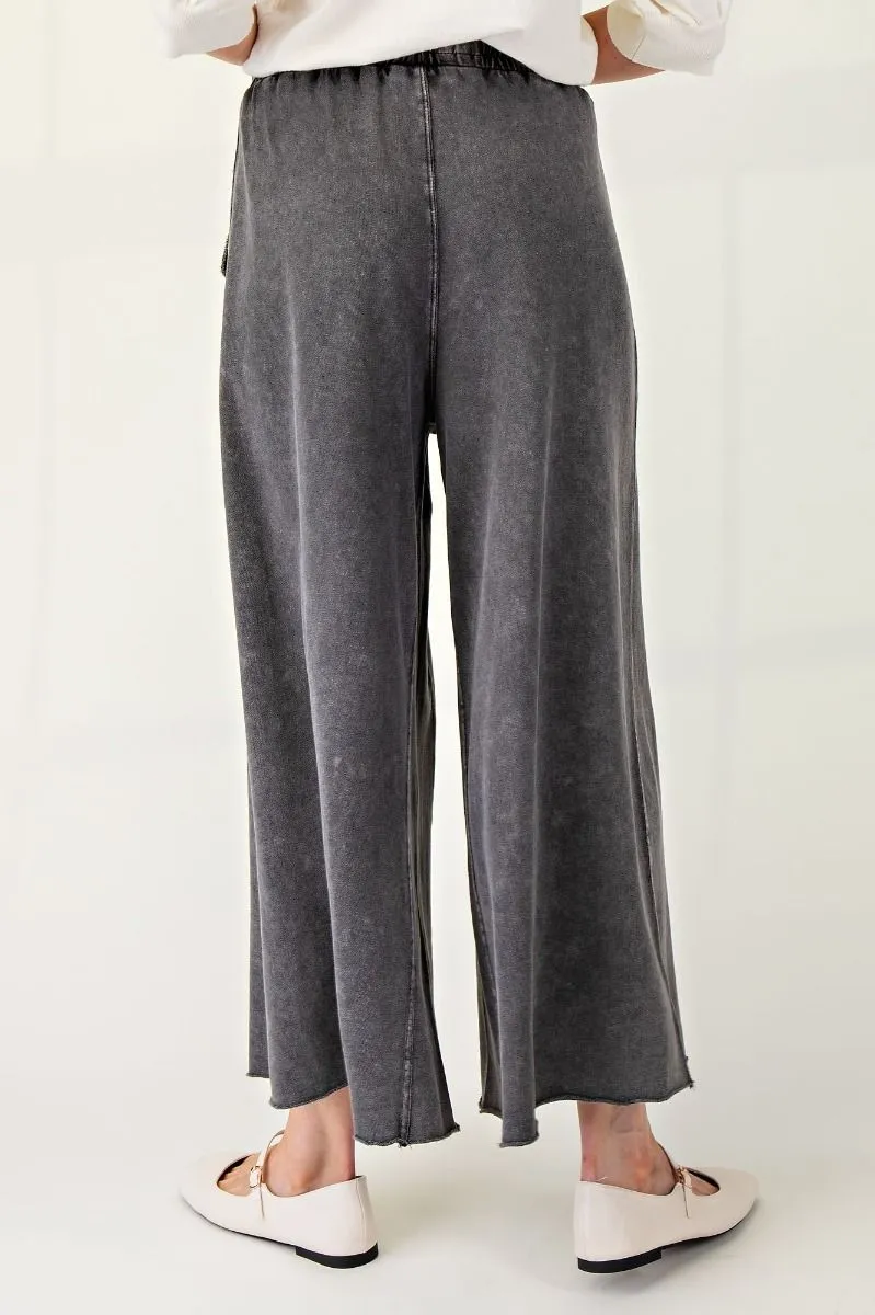 Washed Terry Knit Wide Leg Pants - Black (S-3X)