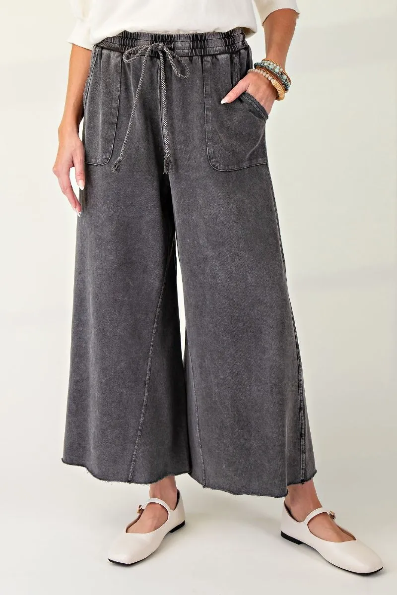 Washed Terry Knit Wide Leg Pants - Black (S-3X)